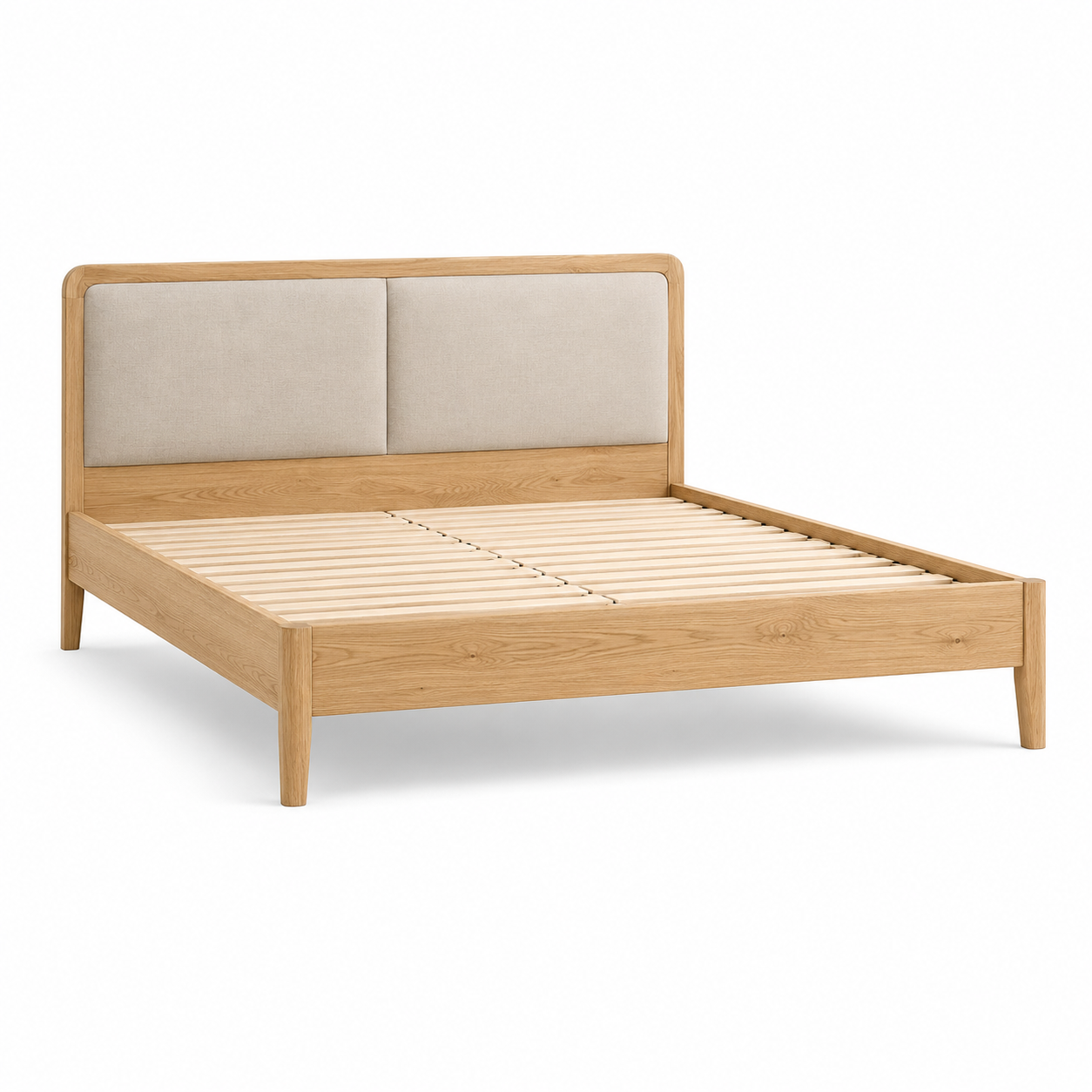 Japandi Bettgestell Eiche Natur mit gepolstertem Kopfteil 160x200 cm