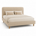 Doppelbett Sandbeige mit Stoffkopfteil und Holzfüßen 180x200 cm