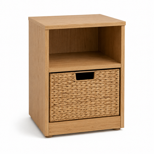 Japandi Nachttisch Eiche Natur mit Korbfach 42x35x52 cm