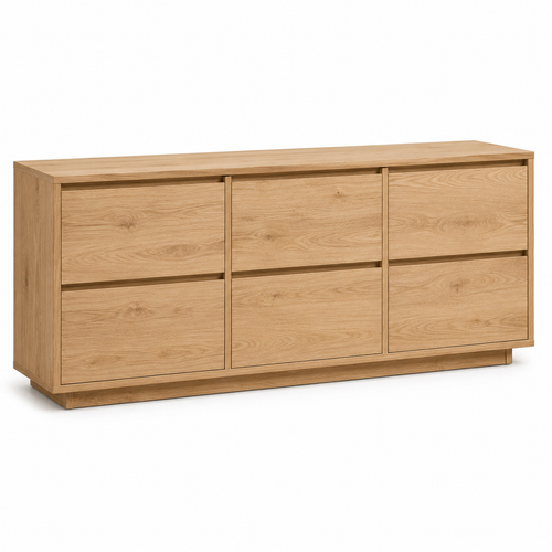 Breite Kommode Eiche Natur mit sechs Schubladen 140x40x80 cm