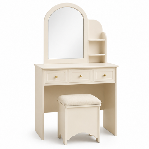 Frisiertisch Creme mit Hocker und drei Schubladen 80x40x135 cm